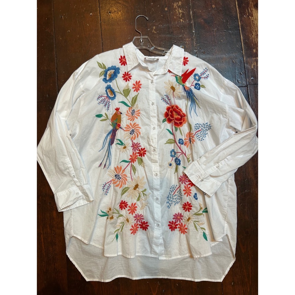 Johnny Was Workshop White Cotton Embroidered Floral Bird Blouse XL